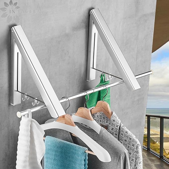 Clothes Drying Rack Folding Indoor, Wall Mounted Drying Racks for Laundry | Double Foldable Clothing Rack w/ Extension Rod, Small Collapsible Folding Garment Racks Dorm Accessories (Sliver)