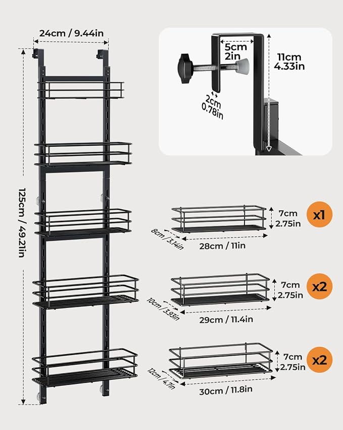 5-Tier Over the Door Pantry Organizer,Cabinet Door Organizer,Kitchen Pantry Door Organizers and Storage,Over the Door Spice Rack,Behind the Door Storage,Door Hanging Organizer,Black