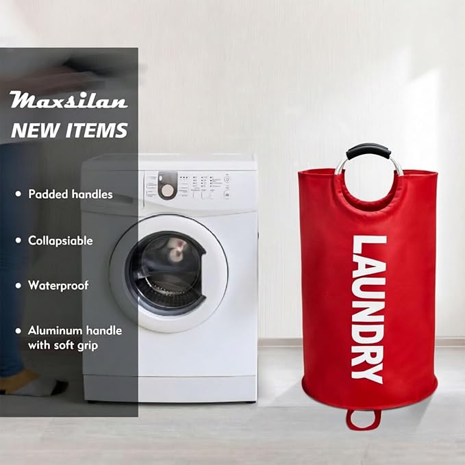 Maxsilan 125L X-Large Laundry Basket Bag, Collapsible Tall Hamper, Red | Freestanding tall laundry bag & foldable washing basket. Large capacity clothes storage bin with durable sturdy handles