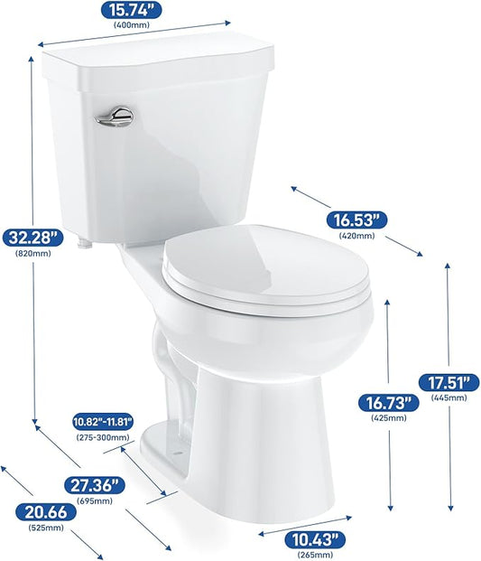 Two-Piece Toilets for Bathrooms, Comfort ADA Height 17.5", Round with Under-Locking Lid, Soft Close Seat, Powerful Flush 1.28 GPF