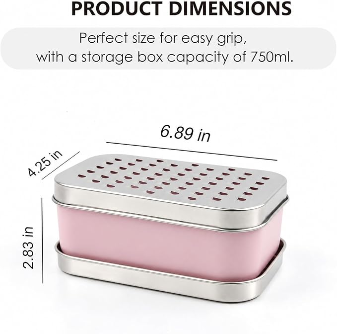 Cheese Grater with Storage Container, Box Grater Stainless Steel for Vegetables, Cheese Shredder 2 Sharp Blades for Fine & Coarse, Non-Slip Base, Lemon Zester, Includes Cleaning Brush (Pink)