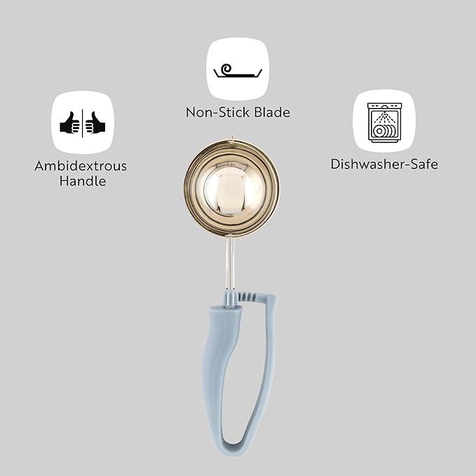Restaurantware Comfy Grip 4 Ounce Gelato Scoop 1 Ambidextrous Ice Cream Scoop - Built-In Blade Bright Handle Gray Stainless Steel Cookie Dough Scoop Comfortable Grip For All Ingredients