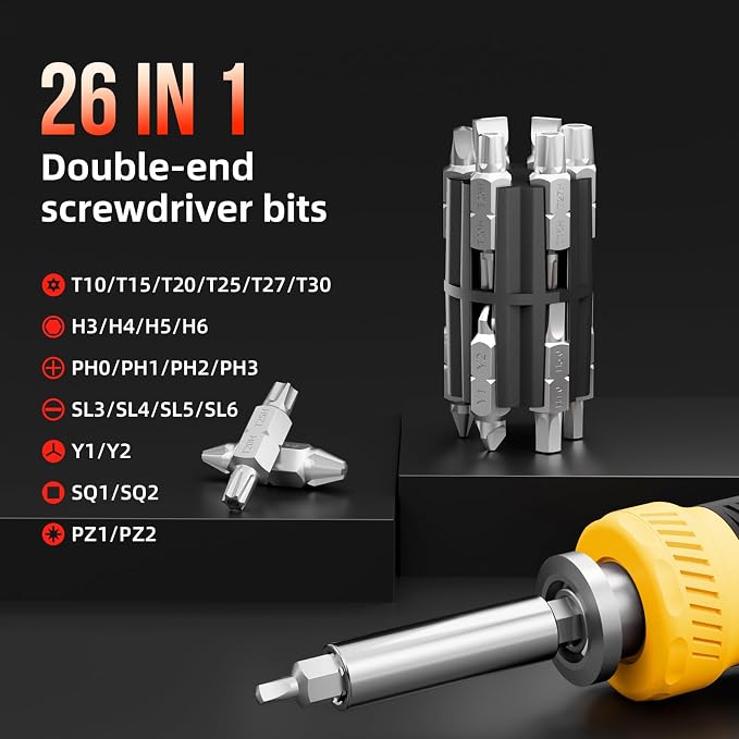 Multi ScrewDriver Set 26 in 1 All in One Adjustable Screw Driver | Telescoping Screw Driver with 12 Double Ended CRV Bits Phillips Slotted Torx Hex Portable Repair Kit for Home Bike Computer