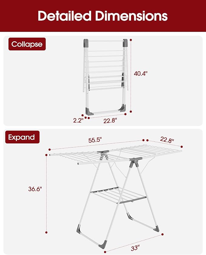 Sakugi Clothes Drying Rack, 55.5" Adjustable Wings, Foldable Design | Laundry Room, Bedroom, Outdoor & Indoor Use, Height Adjustable, Collapsible, White Gray, 55.5" L × 22.8" W