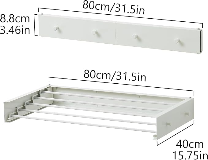 RFOUO Wall Mounted Clothes Drying Rack,White 31.5" with Hooks | Foldable,Space saver Drying Rack for Laundry Balcony Bathroom, 5 Aluminum Rods, 60 lb Capacity