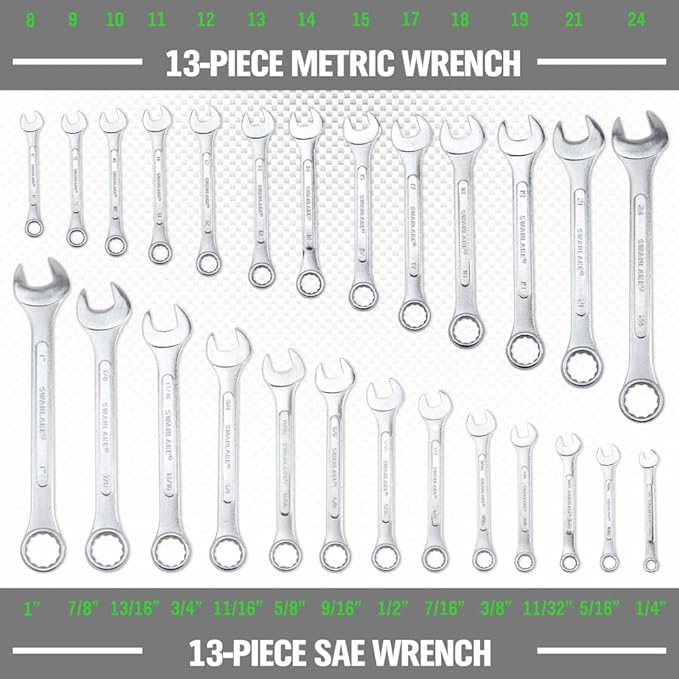 SWANLAKE GARDEN TOOLS 26-Piece Combination Wrench Set with Roll-up Pouch, SAE 1/4” - 1”, Metric 8mm - 24mm, Perfect for General Household, Garage, Auto Repairs and Travel Emergency