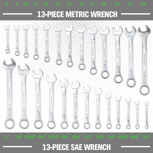 SWANLAKE GARDEN TOOLS 26-Piece Combination Wrench Set with Roll-up Pouch, SAE 1/4” - 1”, Metric 8mm - 24mm, Perfect for General Household, Garage, Auto Repairs and Travel Emergency