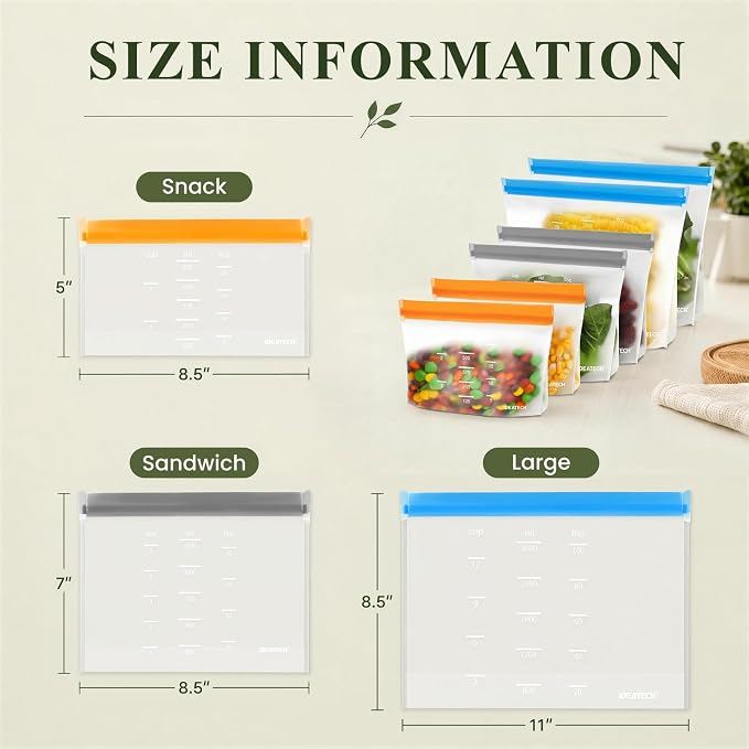 Dishwasher Safe Reusable Storage Bags Stand Up - BPA Free Reusable Sandwich Bag - Leakproof Gallon Freezer Bags, Food Storage Bags - Multicolor 6 Large + 6 Sandwich + 6 Snack Bags