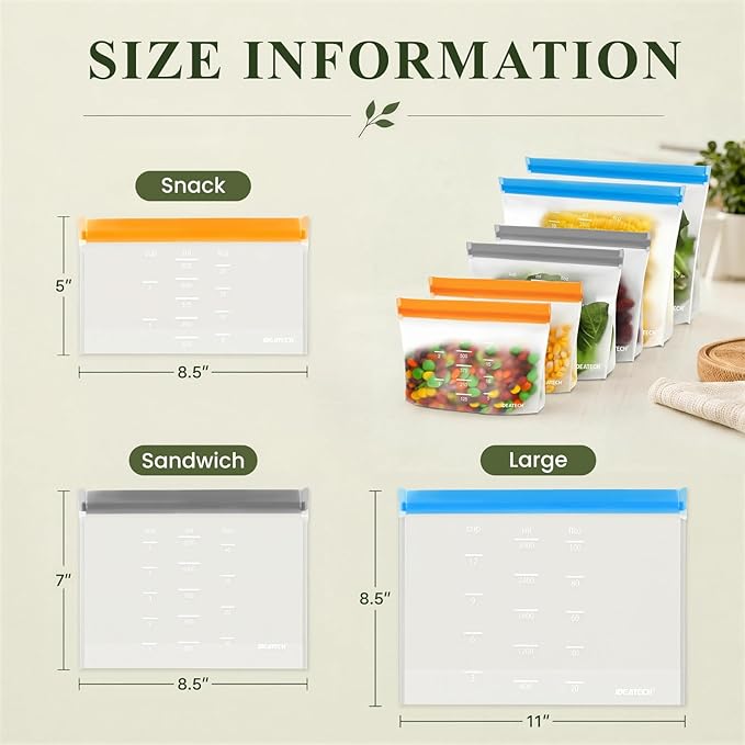 Dishwasher Safe Reusable Storage bags Stand Up - BPA Free Reusable Sandwich bags - Leakproof Gallon Freezer bag, Food Storage bag - Grey 9 Sandwich