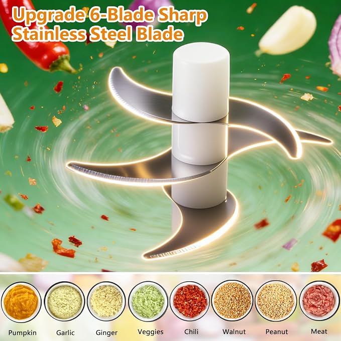 Electric Garlic Chopper, Upgrade 6 Blades, 320ML Wireless Food Processor, Mini Grinder for Kitchen,Mashing Nuts Chili Onion Minced Meat and Spices USB Rechargeable