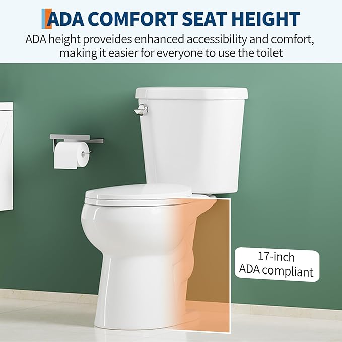 Two Piece Toilet with 17" ADA Height, Round Ceramic Bowl and Locking PP Lid - Side Push Handle, CUPC Certified, Water Efficient 1.28 GPF