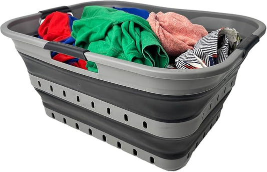 SAMMART 42 (11 Gallons) Collapsible Plastic Laundry Basket, Foldable Pop Up Storage Container/Organizer, Space Saving Hamper, Portable Bin for Dorm Room Bathroom (1, Grey/Black)