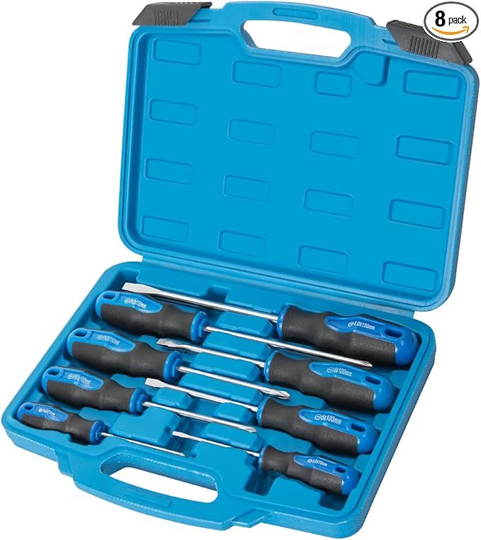 8pc Magnetic Screwdrivers Set, 4 Phillips and 4 Slotted Tips | Nichrome Tip, Silver Tip Gloss, Professional Cushion Grip, High Torque