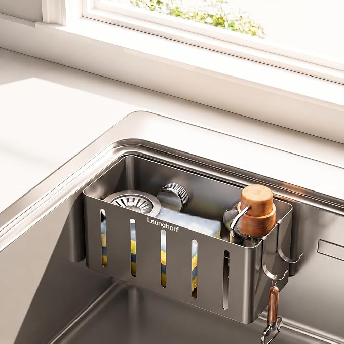 Kitchen Sink Sponge Holder – Adhesive No-Drill Sink Caddy – Laungborf – Rustproof Carbon Steel, Fast Drainage Holes, 2 Hooks & 4 Pads – Square for Flat Wall or Wide Ledge (Gray)