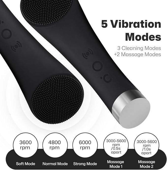 PRITECH Facial Cleansing Brush, Rechargeable Silicone Face Scrubber with Heat Massage End, Vibrating Exfoliator Scrubber for Deep Cleaning, Waterproof Face Brush for Women and Men (Black)