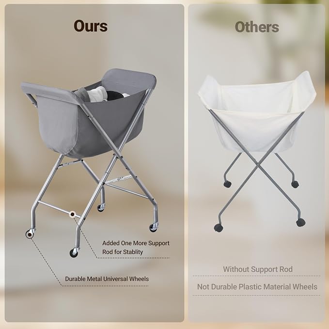 ELYKEN Laundry Basket with Wheels, Collapsible Laundry Hamper, Gray | Removable Liner Bag, Foldable Design, Sturdy Metal Frame, 4 Casters, 32”H Laundry Cart for Bedroom, Bathroom & Laundry Room