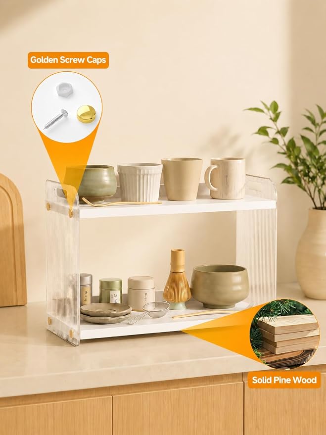 2 Tier Coffee Station Organizer - Acrylic & Pine Wood Matcha Station(White) | 15.75" x6.18" x9.37", Easy-to-Clean coffee bar shelf for Kitchen Countertops, for Placing Mugs, Coffee Beans, Syrup, Cups etc