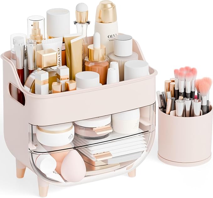 Yieach Countertop Makeup Organizers with Drawers,Handle and Make up Brush Holder,Large Makeup Skincare Organizer for Bathroom Vanity,Cosmetic Display Cases for Hair Tool,Lotion,Skin Care Storage,Pink