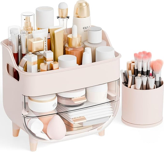 Yieach Countertop Makeup Organizers with Drawers,Handle and Make up Brush Holder,Large Makeup Skincare Organizer for Bathroom Vanity,Cosmetic Display Cases for Hair Tool,Lotion,Skin Care Storage,Pink