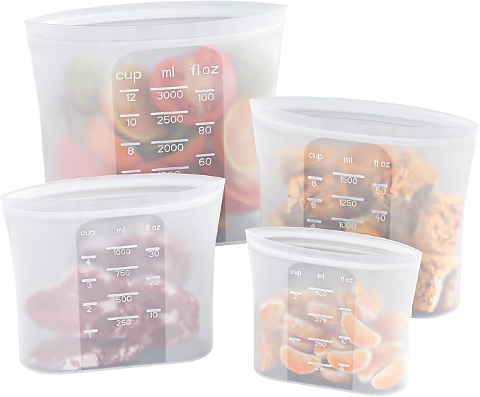 Bangp Premium Silicone Reusable Food Storage Bags,4 Pack | Stand-Up Bottom,Reclosable Freezer Bags for Soup,Sandwich,Salad Fruit,Snack,Leak-free,Food-safe Silicone,Oven,Dishwasher Safe