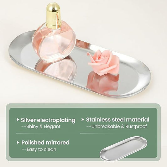 2PACK Silver Decorative Tray, Bathroom Vanity Tray for Dresser Counter, Stainless Steel Jewelry Dish Tray for Decor, Perfume Ring Key Candle Organizer Tray, Oval