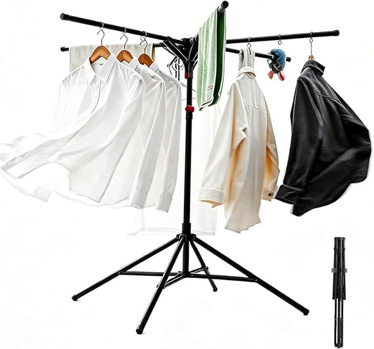 Adjustable Collapsible Umbrella Style Clothes Drying Rack, 4Legs6Telescopic Arms, Space-Saving Freestanding Laundry Airer with Windproof Clips, Easy Setup Indoor Outdoor (Black-Carbon Steel)