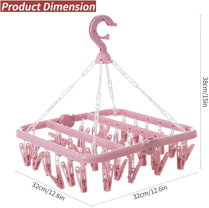 Laundry Drying Rack with 32 Clips, Foldable, Light Pink