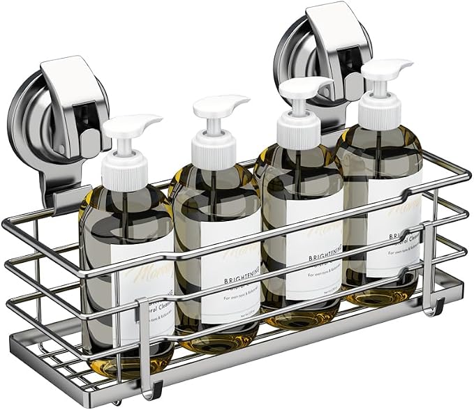 TESOT Suction Cup Shower Caddy, Shower Shelf Soap Dish with Hooks for Razor, Sponge, Rust Proof 304 Stainless Steel, Silver