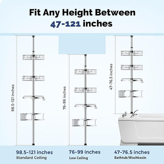 HAMITOR Corner Shower Caddy Tension Pole: Quick Installation 4-Tier Rustproof Bathroom Organizer Shelves for Bathtub Shampoo Storage - 47-121 inch Adjustable Floor Standing Bath Rack Holder - Silver