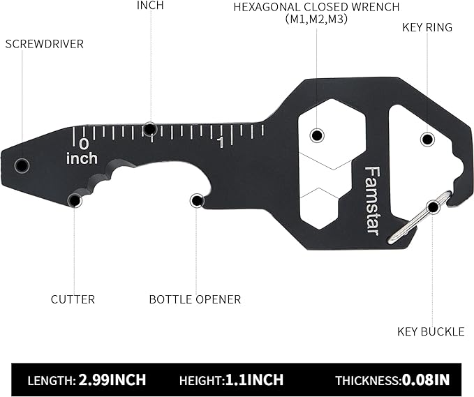 Famstar Keychain Multi-tool 3Pack Metal Pocket Tool Portable No rust Wrench for Screw,ruler and bottle opener,19 in 1 Total Routine maintenance. | Portable No Rust Keychain Gadget, Lightweight Multifunction Keyring Tool, 19 in 1 Routine Maintenance for...
