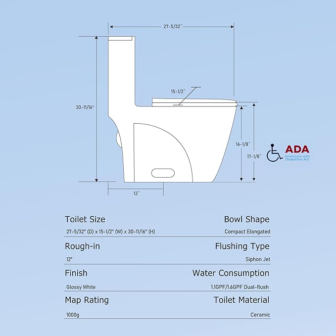 Modern One Piece Elongated Toilet, Dual Flush 1/1.6 GPF, 17" Comfort Height, 15.5" Soft-Close Seat, Quiet & Anti-Clog, Water-Saving, 12" Rough-In, Easy Install (White, 27.17"x15.55"x30.71")