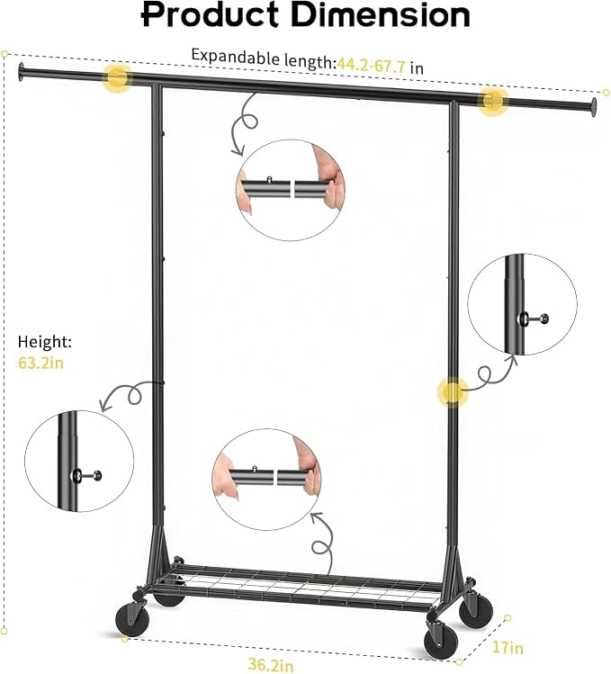 Clothing Garment Rack Capacity 550LBS Rolling Clothes Rack on Wheels - Heavy Duty Commercial Storage Organizer - Mobile Clothes Rack with Multifunctional Design (Black)