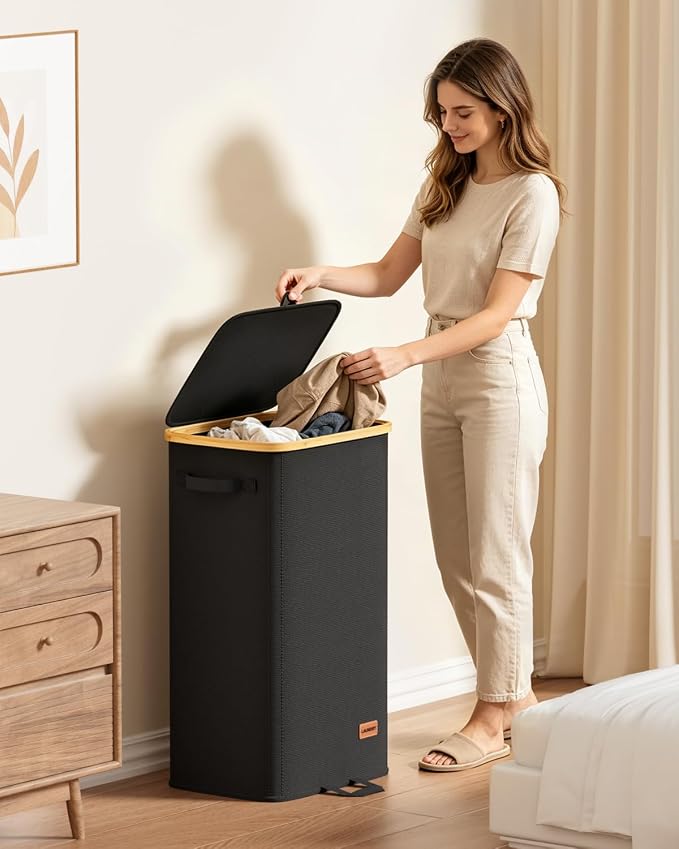 100L Laundry Hamper with Lid, Large Clothes Hamper, Black | Elegant bamboo appearance, Foot Loop, Removable Bag Easy to Lift and Carry, Bathroom, Bedroom, Laundry Room, Dorm