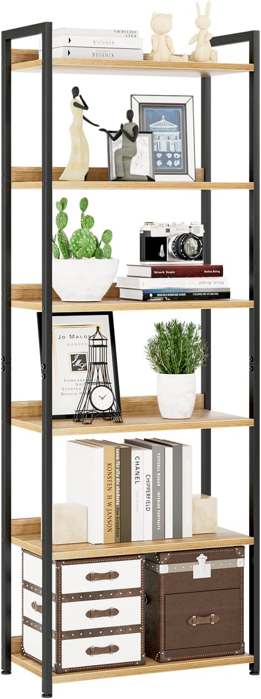NUMENN Bookshelf, 6 Tier Freestanding Shelving Unit, Natural | Metal Frame & Wood Shelves, Falling Prevention Baffle, Open Storage Bookcase for Bedroom, Living Room & Home Office