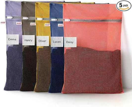 5-Pack Mesh Laundry Bags with ID Label, Sturdy Laundry Bags for Delicates, Hosiery, Underwear,Travel and Organize- 5 Color(14x20 Inch)
