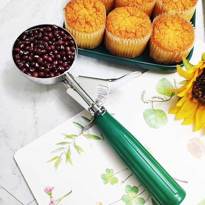 Saebye 2.7 OZ Scoop - #12 (1/3 Cup) - Disher, Ice Cream Soop, Cookie Scoop - Portion Control - 18/8 Stainless Steel, Green Handle, For Cookie, Ice Cream, Meatball, Muffin, Cupcake, Vegetable Salad