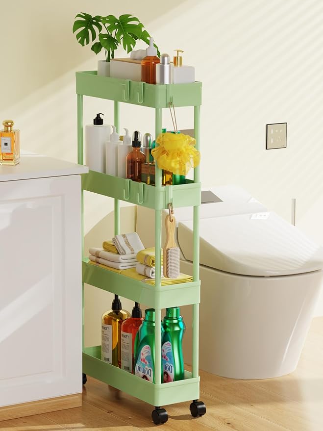 LEHOM 5.1" Slim Storage Cart - 4 Tiers Bathroom Organizer Rolling Utility | Mobile Shelving Unit Storage Rolling Utility Cart Slide Out Organizer for Kitchen Bathroom Laundry Narrow Places, Green