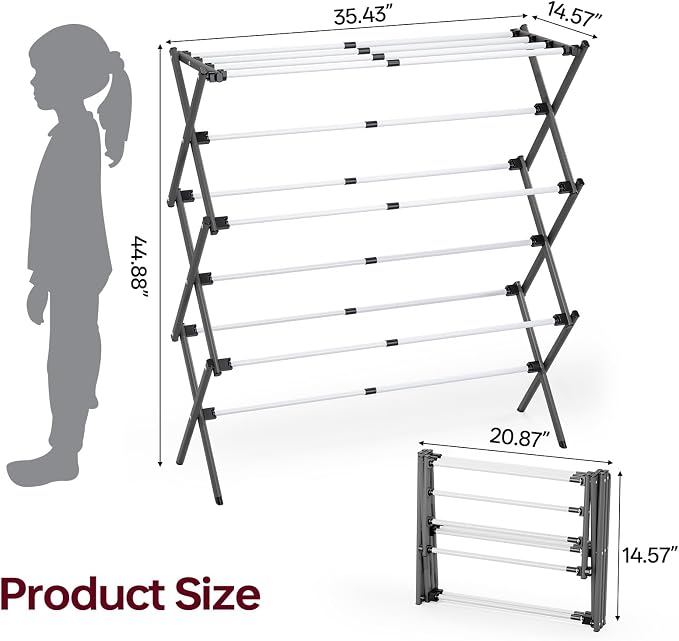 Large Clothes Drying Rack, Metal Expandable Laundry Rack, 44.88" Height, Adjustable Width 20.87-35.43in, Space Saving Foldable, Indoor Outdoor Use for Laundry, Towels, Shoes, Grey White