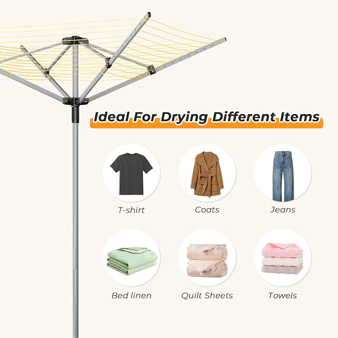tonchean 165 Feet Clothesline Outdoor Umbrella Drying Rack, 4-arm Rotary Umbrella Clothesline for Laundry Adjustable Height Rotary Dryer Collapsible Clothes Drying Rack with 12-Lines