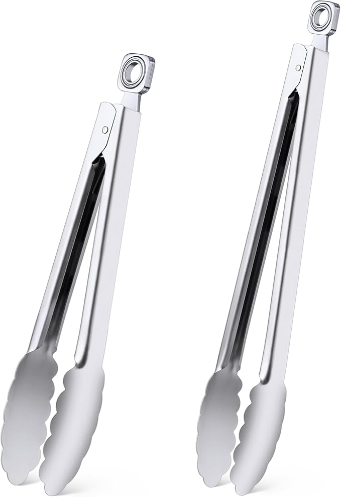 Kitchen Tongs for Cooking - 9 Inch & 12 Inch Heat Resistant Stainless Steel Metal Locking Tong, BBQ Tongs Grill Tong for Cooking, Grilling, BBQ/Barbecue, Food (All Metal - 9"+12")
