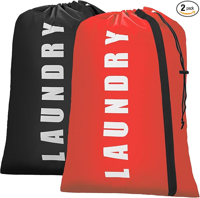 Heavy Duty Laundry Bag with Strap,2 Pack Travel Laundry Bags for Dirty Clothes,24" x 36" Large Laundry Bag for Traveling,Camping,Dorm (Black + Red)