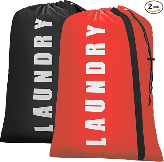 Heavy Duty Laundry Bag with Strap,2 Pack Travel Laundry Bags for Dirty Clothes,24" x 36" Large Laundry Bag for Traveling,Camping,Dorm (Black + Red)
