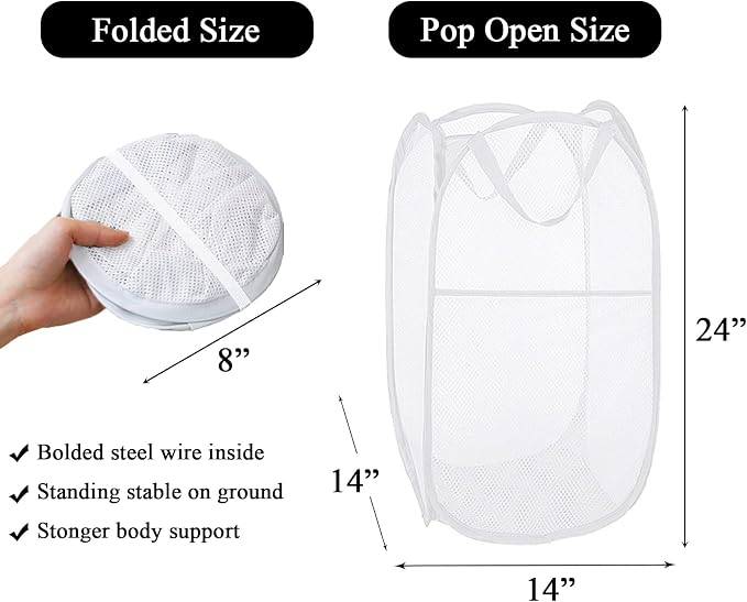 Larpur Pop Up Laundry Hampers, 2 pcs Portable White Mesh Laundry Baskets | Collapsible Clothes Laundry Bin for Bedroom, Travel, Bathroom, College Dorm, Cruise