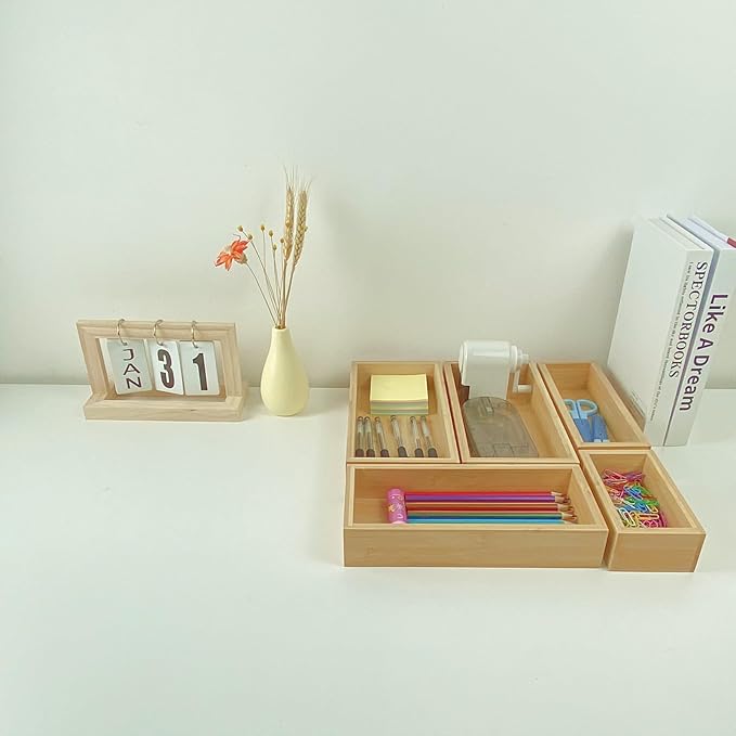 bamboo drawer organizer Set,expandable drawer dividers,wooden storage organizers,drawer organizers for kitchen, bathroom,flatware,Tea Bag Organizer (1 X 5PCS Natural)