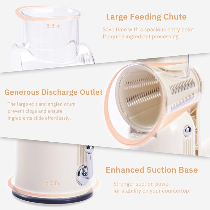 ENERGEVITY Manual Rotary Cheese Grater with Handle, 5 in 1 Replaceable Stainless Blades Cheese Shredder,Strong Suction Base Vegetable Slicer with Cleaning Brush & Bonus Storage Box for Blades (white)