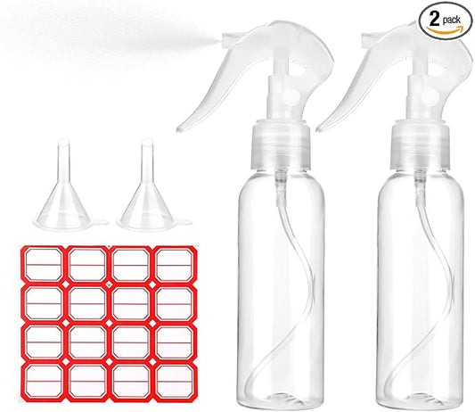 KALIONE 2 Pcs Small Spray Bottles 3.5oz/100ml Mist Continuous Spray Bottle for Essential Oils Water Squirt Reusable Liquid Container Mini Mister Spray Bottles with 2 Pcs Funnels and 16 Pcs Labels