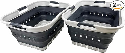 SAMMART 42L (11 gallon) Collapsible Plastic Laundry Basket - Foldable Pop Up Storage Container/Organizer - Portable Basket - Space Saving Hamper/Basket (Grey/Charcoal Black (Set of 2))