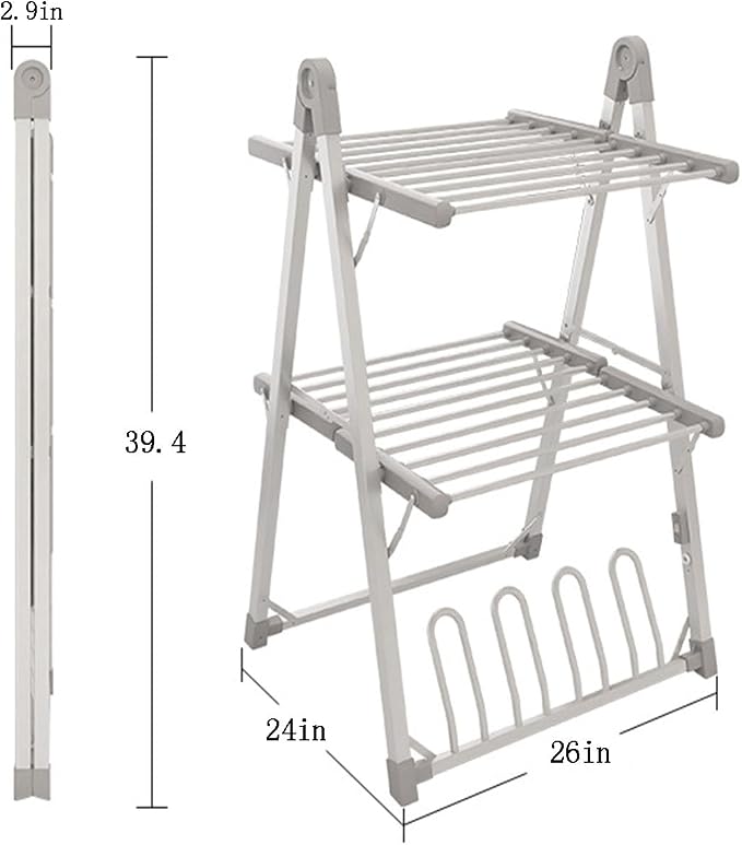 Heated Electric Clothes Dryer 2 Tier Adjustable Airer, Aluminium Foldable Drying Rack, Energy Efficient Indoor Garment & Shoe Dryer