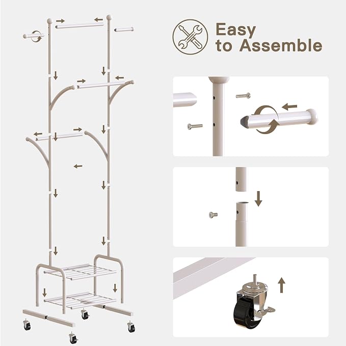 Rolling Clothes Rack with 2 Metal Shelves, 71" Portable Clothing Rack with Wheels, Small Garment Rack with 2 Side Hanging Rods, Freestanding Coat Rack for Laundry Room, Bedroom, White