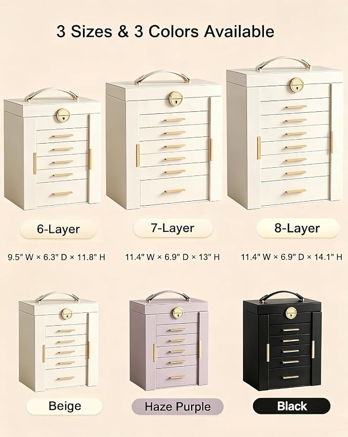 Lolalet Large Jewelry Box Organizer for Women, 6-Layer Jewelry Organizers and Storage Case with Mirror & 5 Drawers, Lockable Watch Ring Earring Bracelet Necklace Holder Girls Gift -6Layer, Beige